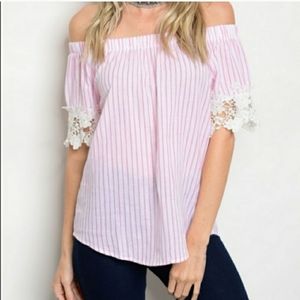 Pink & White Off The Shoulder Top